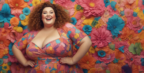 A vibrant portrait of a joyful plus-size model. Perfect for body positivity campaigns, fashion concepts, or any content celebrating diversity and self-love.