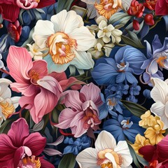 An enchanting seamless pattern tile design featuring realistic orchids, with their vibrant colors and intricate patterns