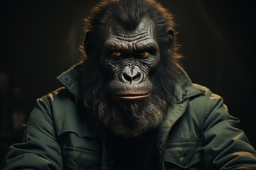 Pensive Gorilla with Soulful Eyes Wearing a Human Jacket Contemplates in Silence
