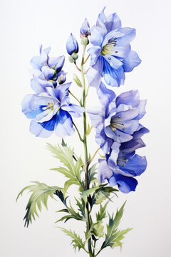 Against the purity of the white canvas, Aconitum's watercolor painting unfolds, a delicate rendering that captures the flower's essence in a symphony of subtle hues.