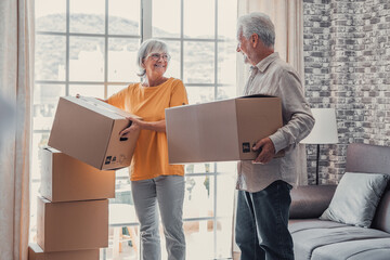 Mature couple moving into new apartment, carrying cardboard boxes into empty room with potted plants. Real estate property buying, relocation, new home concept. Rear view. - obrazy, fototapety, plakaty