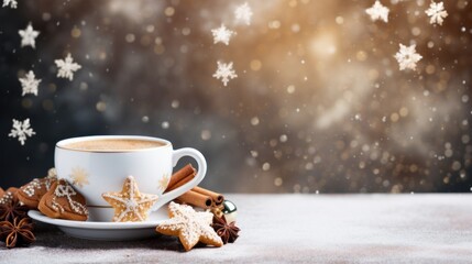 Fototapeta premium Cup of coffee at Christmas photorealistic copy space. Generative AI.