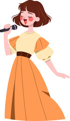 Girl in a dress happily singing into a microphone