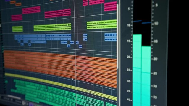 Computer monitor screen of a sound engineer showing audio tracks for mixing new soundtrack