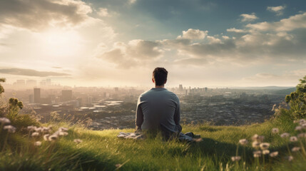 Meditation, harmony, life balance, and mindfulness concepts.A man sitting on a hill with grasses, meditating in silence, with the landscape of a city and bright morning sky.