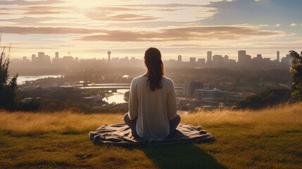 Meditation, harmony, life balance, and mindfulness concepts.A woman sitting on a hill with grasses, meditating in silence, with the landscape of a city and bright morning sky.