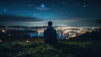 Meditation, harmony, life balance, and mindfulness concepts.A man sitting on a hill with grasses, meditating in silence, with the landscape of a city and starry night sky.