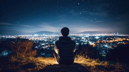 Meditation, harmony, life balance, and mindfulness concepts.A man sitting on a hill with grasses, in silence, with the landscape of a city and starry night sky.