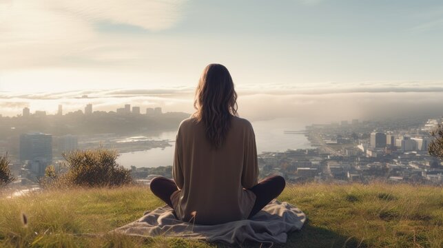 Meditation, Harmony, Life Balance, And Mindfulness Concepts.A Woman Sitting On A Hill With Grasses, Meditating In Silence, With The Landscape Of A City And Bright Morning Sky.