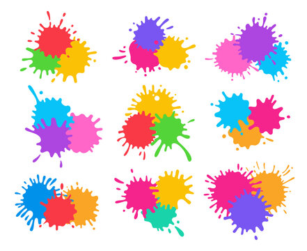 Splash and splatter paint shape colorful cartoon set. Stain splat flat collection, shapes liquids drop icon splatter. Different splashes and drops colored ink collection. Isolated vector illustration