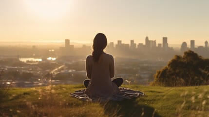 Meditation, harmony, life balance, and mindfulness concepts.A woman sitting on a hill with grasses, meditating in silence, with the landscape of a city and bright morning sky.