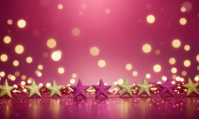 Fototapeta na wymiar Abstract Christmas banner background. Small shining glitter stars on magenta pink background with bokeh effect