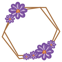Purple flowers hexagonal frame, floral border vector image