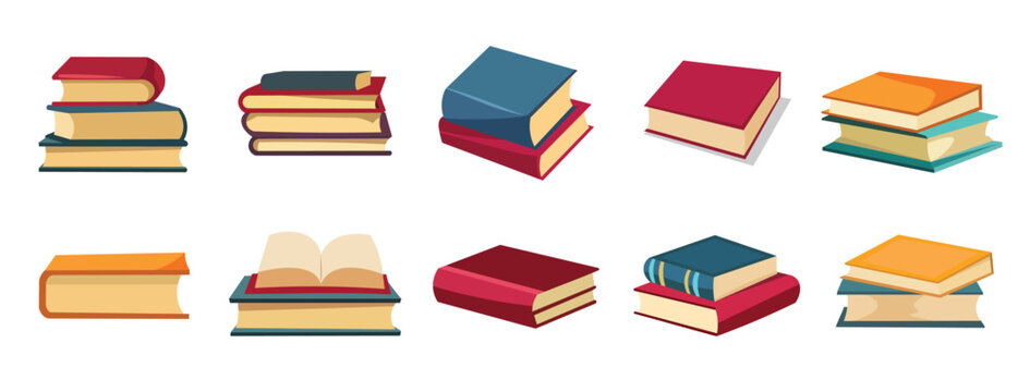 Colorful book stack collection, cute cartoon books set, colorful textbooks in flat design style illustration