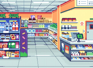 Pixel art illustration supermarket background. Pixelated inside store. Inside Supermarket Store pixelated for the pixel art game and icon for website and video game. old school retro.