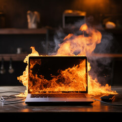 The laptop is on the table and burning, danger. High quality photo