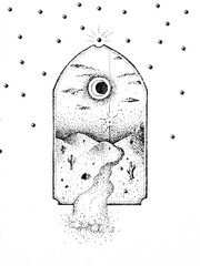 portal mágico puntillista con cactus adentro, black and white, dargs_poked_tattoo © Dargs