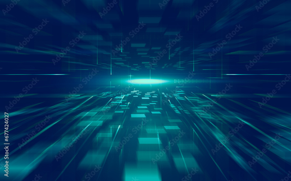 Poster radially moving blocks with spatial background of data technology