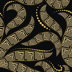 Greek key meanders floral hand drawn seamless pattern. Modern patterned vector background. Golden ornaments with ancient greece symbols, signs, flowers, leaves, dotted lines. Endless ornate texture - obrazy, fototapety, plakaty