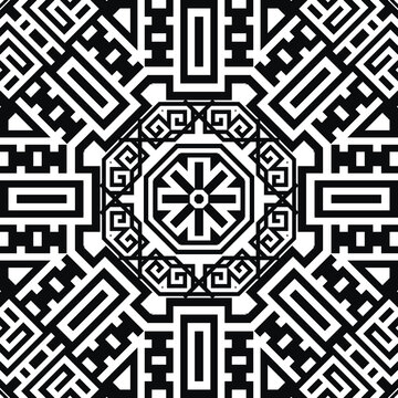 Greek black and white radial carpet seamless pattern. Modern geometric vector background. Repeat tribal ethnic backdrop. Lines trendy ornaments with ancient greece symbols, signs. Greek key, meanders