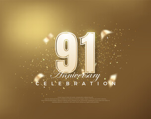 Luxury gold 91st anniversary celebration with white numbers on gold background. Premium vector for poster, banner, celebration greeting. - obrazy, fototapety, plakaty