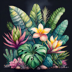 background with various tropical flowers, watercolor art illustration