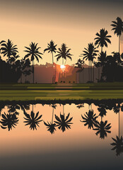 Obraz premium Row of coconut trees in new planted rice paddy field view during sunrise.