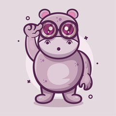 genius hippo animal character mascot with thinking expression isolated cartoon in flat style design