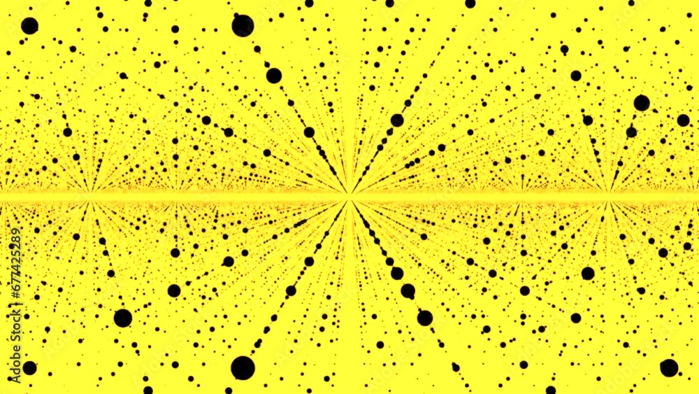 Poster flying inside abstract space with rows of flying dots. animation. endless quantity of levitating sph