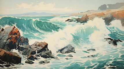 A dramatic view of a rocky coastline with towering cliffs, where waves crash against the rocks with force, japanese art style landscape - obrazy, fototapety, plakaty