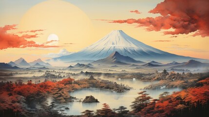 japanese art style landscape of a volcanic landscape, with steam rising from hot springs and a distant view of Mount Fuji - obrazy, fototapety, plakaty