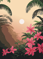 Landscape of tropical garden during sunrise with blooming plumeria flowers and palm trees.