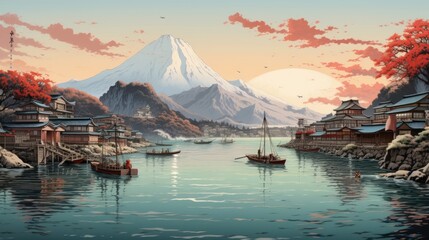 japanese art style landscape of seascape of a fishing village with traditional boats docked along the shore - obrazy, fototapety, plakaty
