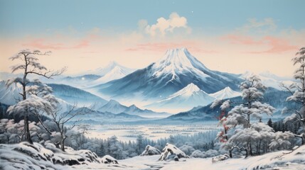 japanese art style landscape of snow-capped peak framed by pine trees, capturing the beauty of winter in the Japanese countryside