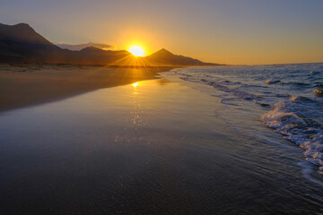Sunset on Cofete beach on the Canary island Fuerteventura, Spain.