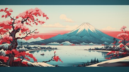 japanese art style landscape of Mount Fuji in the distance, with cherry blossoms in full bloom in the foreground - obrazy, fototapety, plakaty