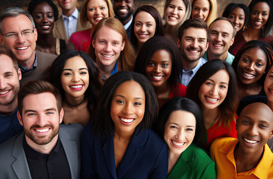 Group of people with many skin colors and ethnicities taking photos together
