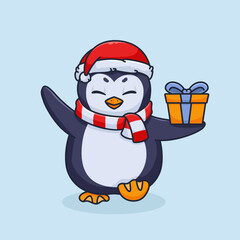 Cartoon Penguin With Christmas Hat And Gift Vector Illustration