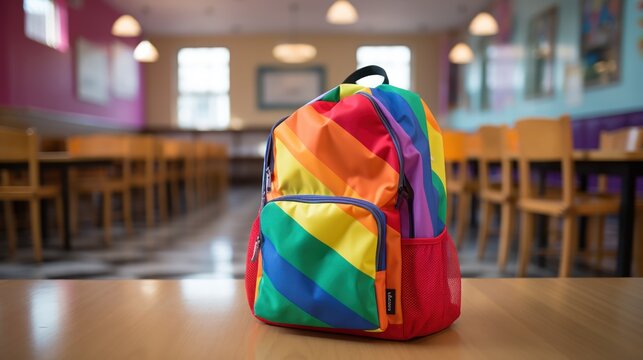 Colorful backpack ready for school in a classroom.