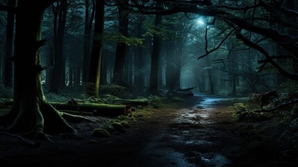 Dark forest scene with a clear path among the trees.