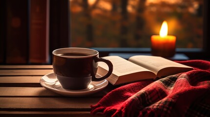  Empty room adorned with a cozy blanket, a coffee mug, and a book.