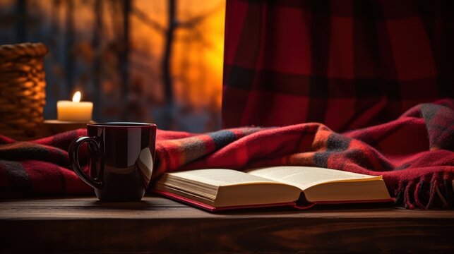 Cozy blanket, coffee mug, and book in an empty room.