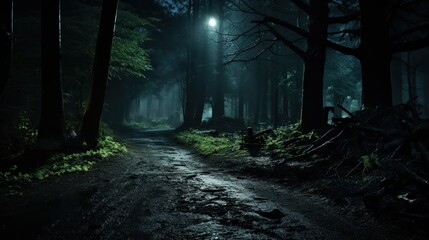 Dark forest with an open pathway through the trees.