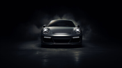 Luxury expensive car parked on dark background. Sport and modern luxury design gray car. Shiny clean lines and detailed front view of modern automotive. Automotive advertising banner. - obrazy, fototapety, plakaty