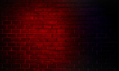 Neon lights on old grunge brick wall room background..Empty space of Red brown vintage grunge brick wall texture background.