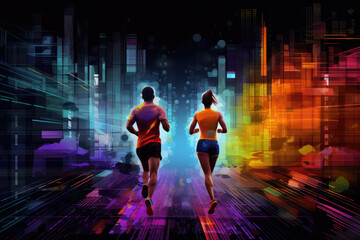 athletic runner person run on futuristic city .generated AI - obrazy, fototapety, plakaty