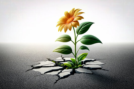 A sunflower growing through cracked asphalt, symbolizing hope and resilience.