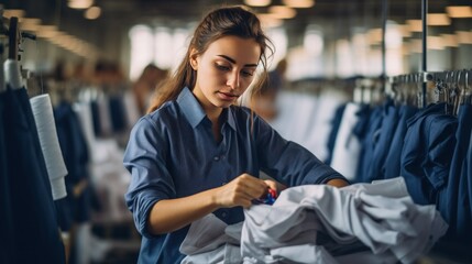 Fototapeta premium A female factory worker is arranging clothes