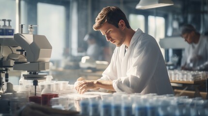 A female factory worker is packing medicine in a packaging factory.