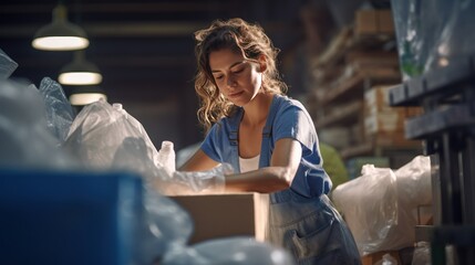 Obraz premium A woman packs frozen food in a packaging factory.